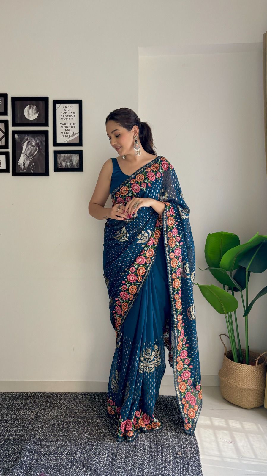 Sari en Georgette bord fleuri