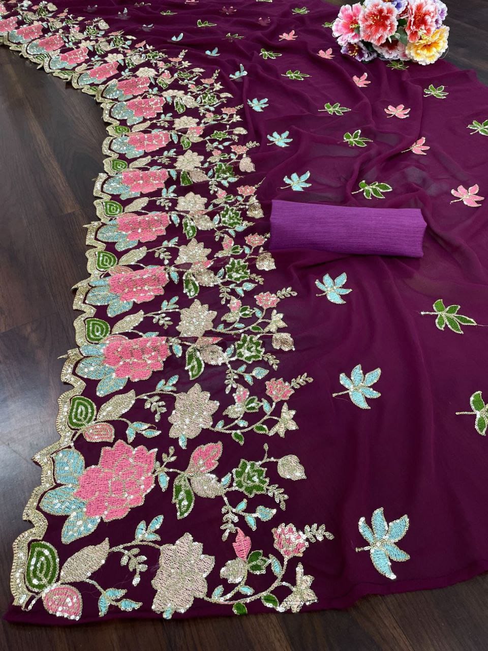 Sari en Georgette fleuri