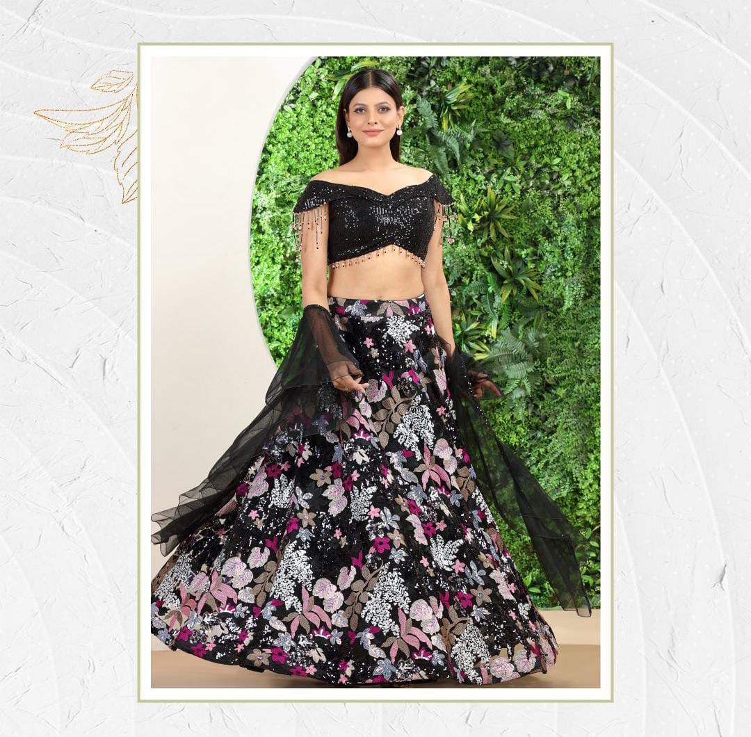 Lehenga évasé de 4 mètres à doubles sequins