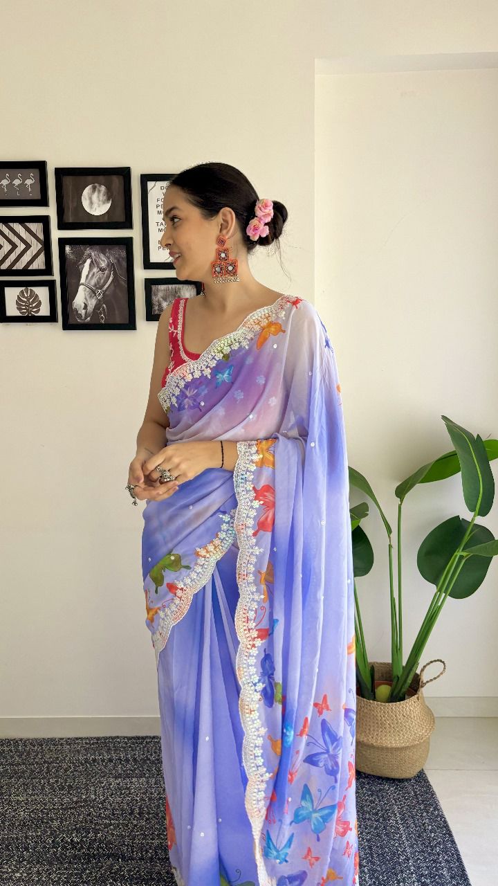 Sari en Georgette avec imprimé