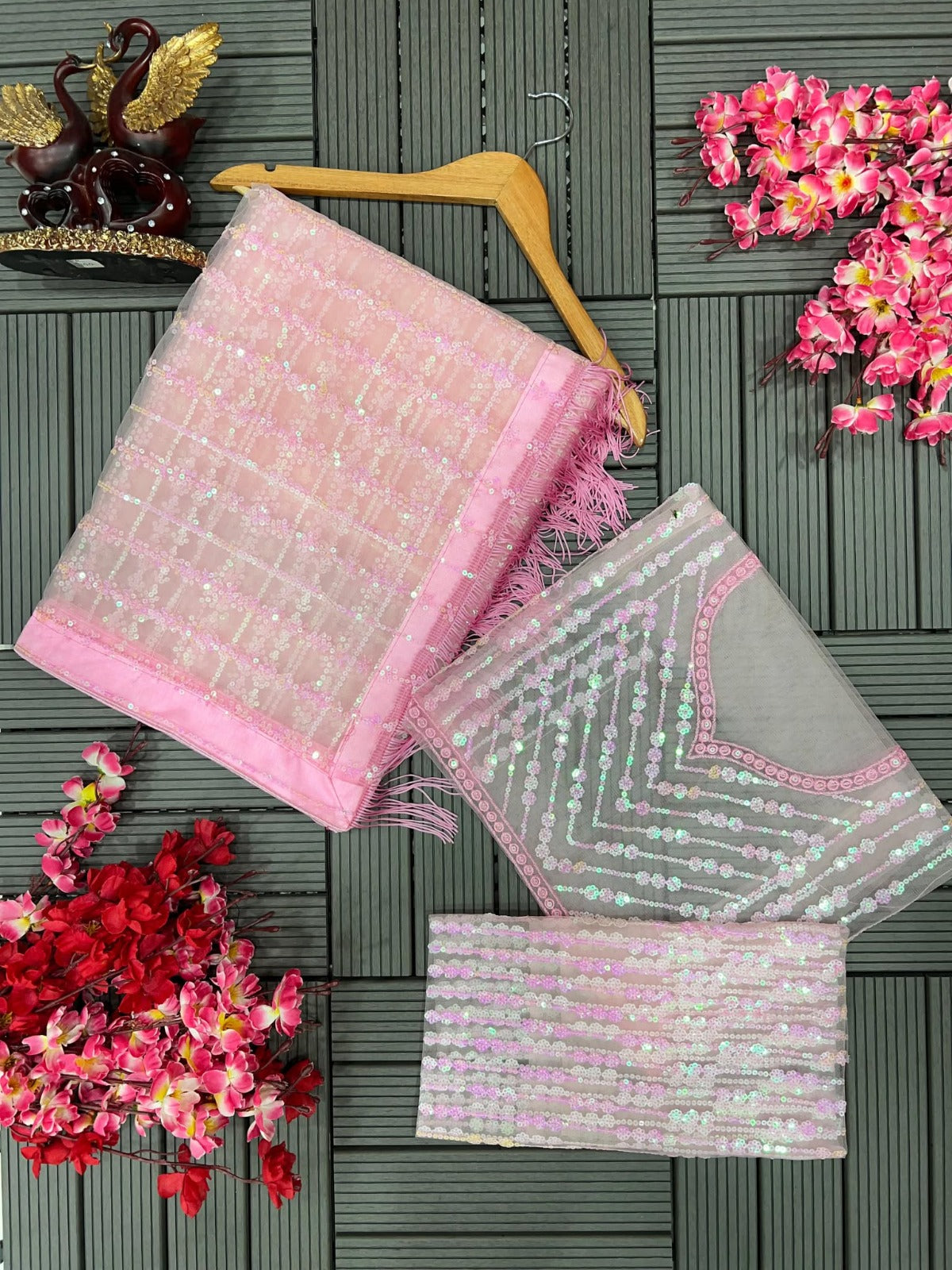 Sari à paillettes rose