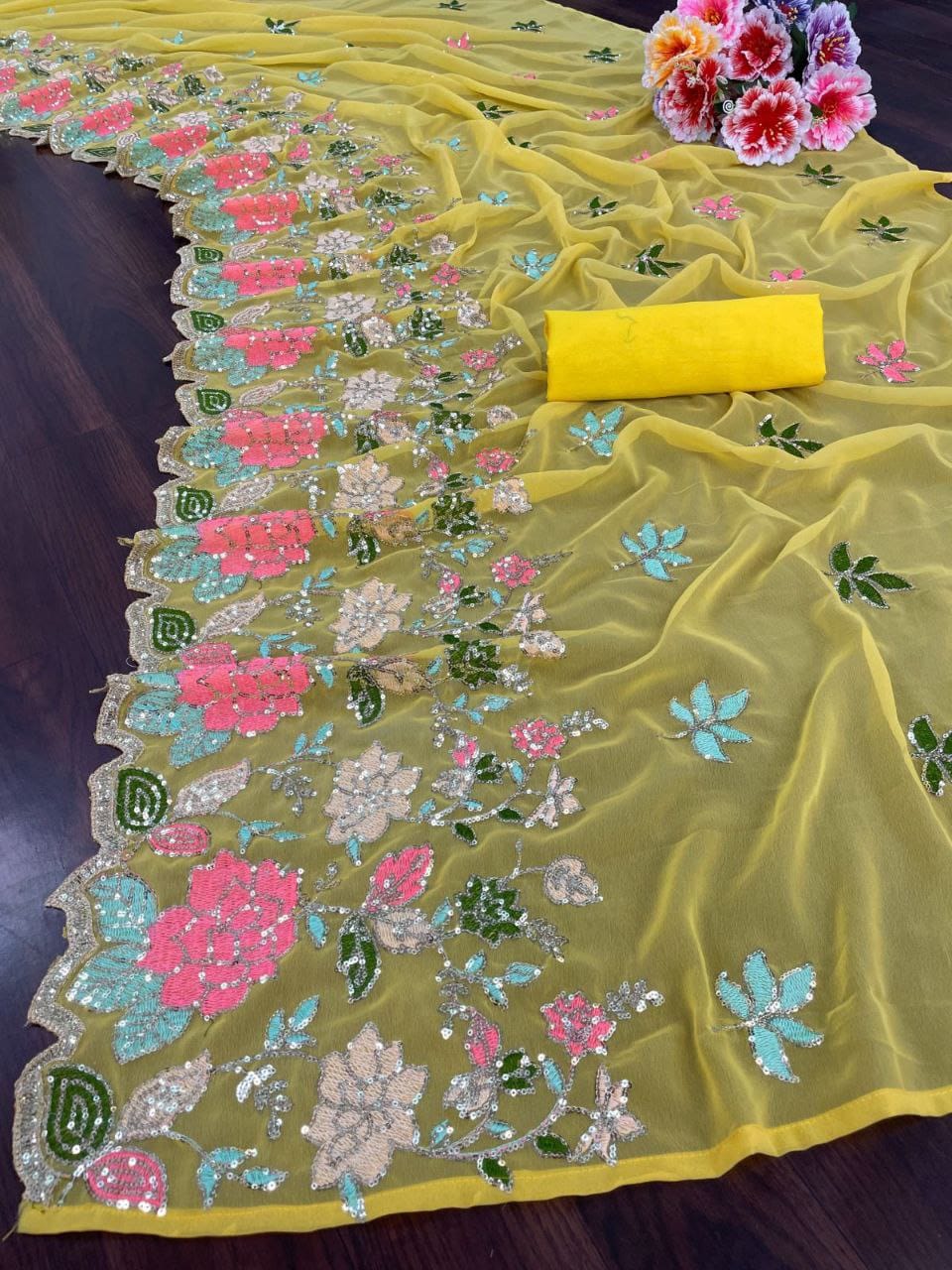 Sari en Georgette fleuri