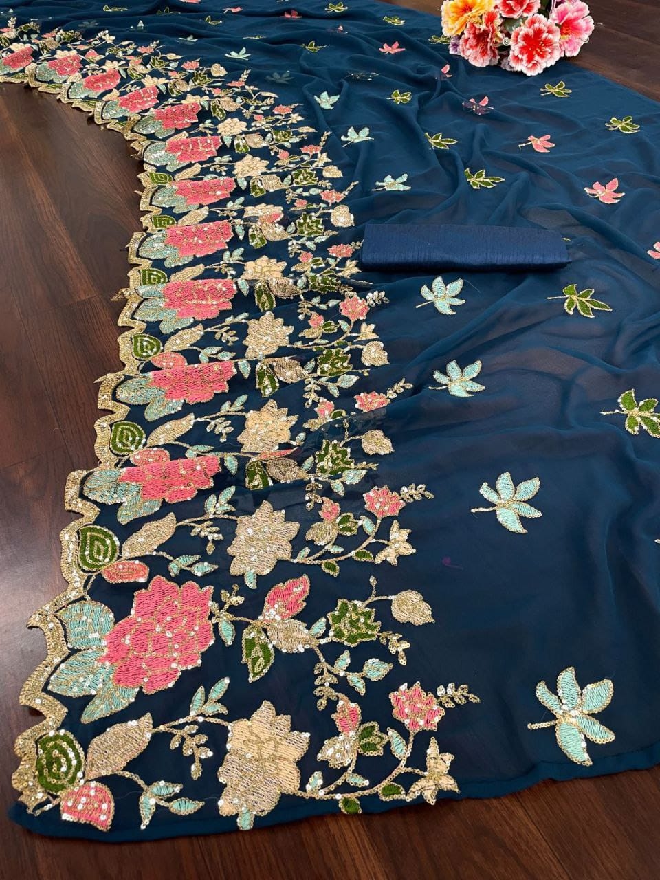Sari en Georgette fleuri
