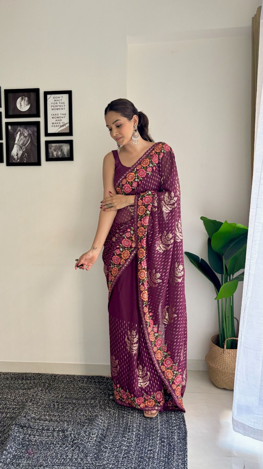 Sari en Georgette bord fleuri