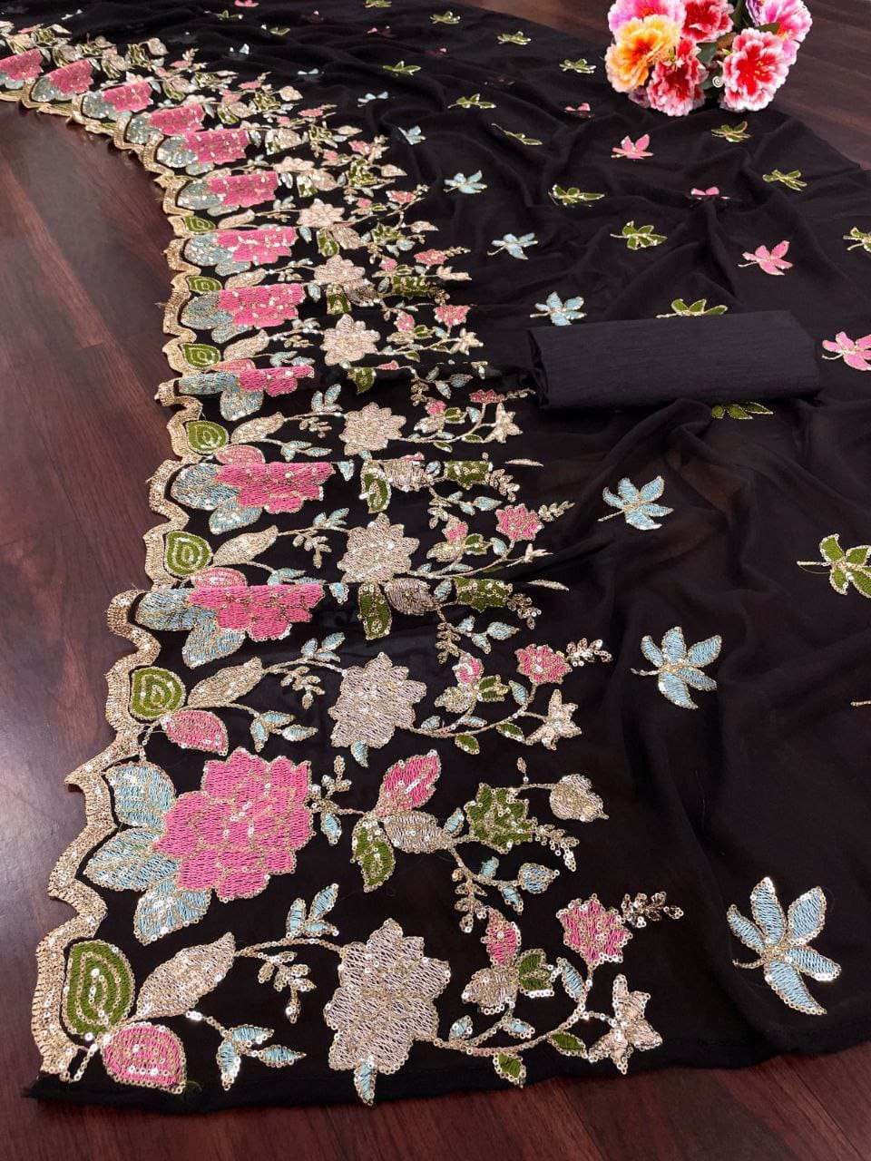 Sari en Georgette fleuri