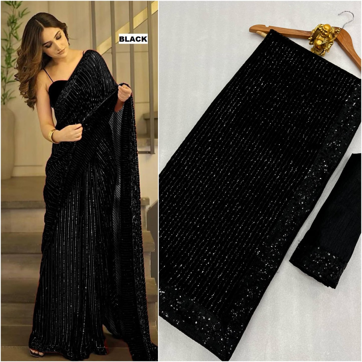 Sari en Georgette avec de la broderie à paillettes