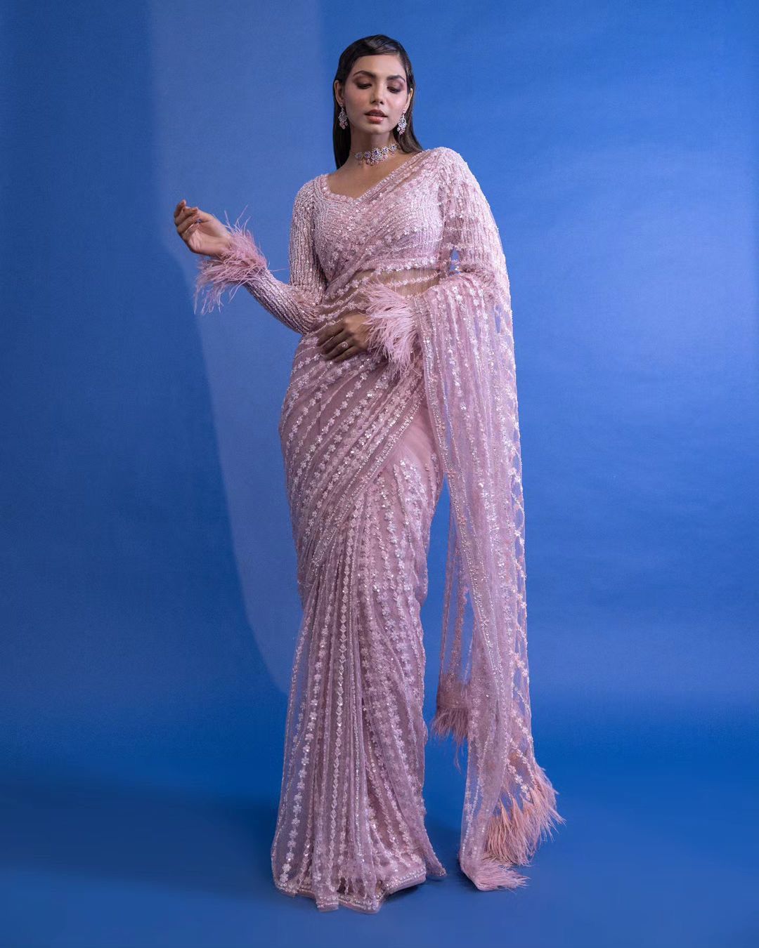 Sari à paillettes rose