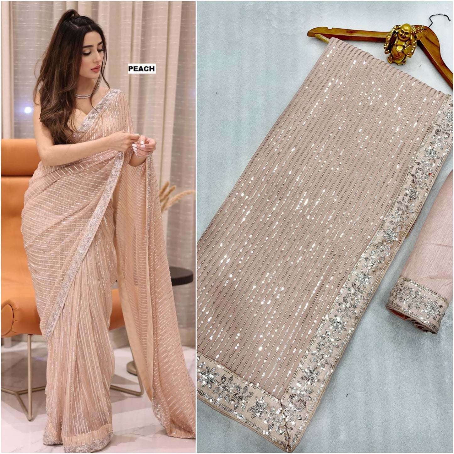 Sari en Georgette avec de la broderie à paillettes