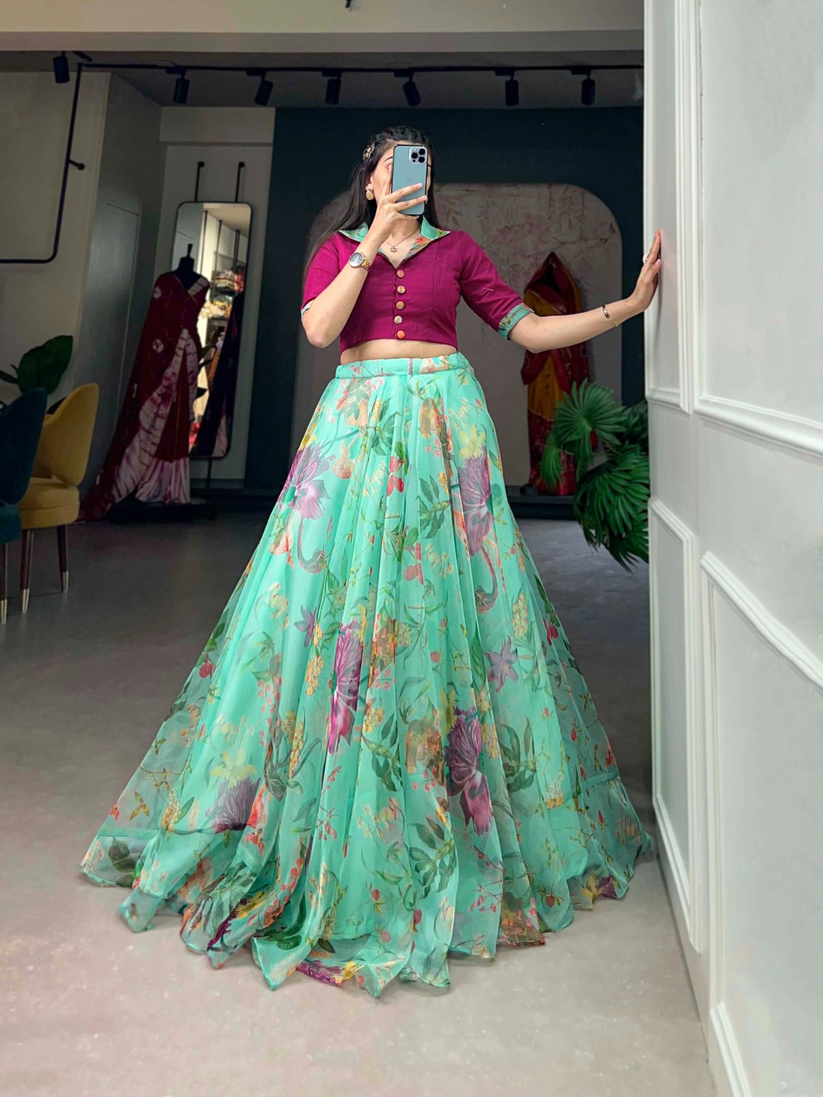 Organza and floral print lehenga