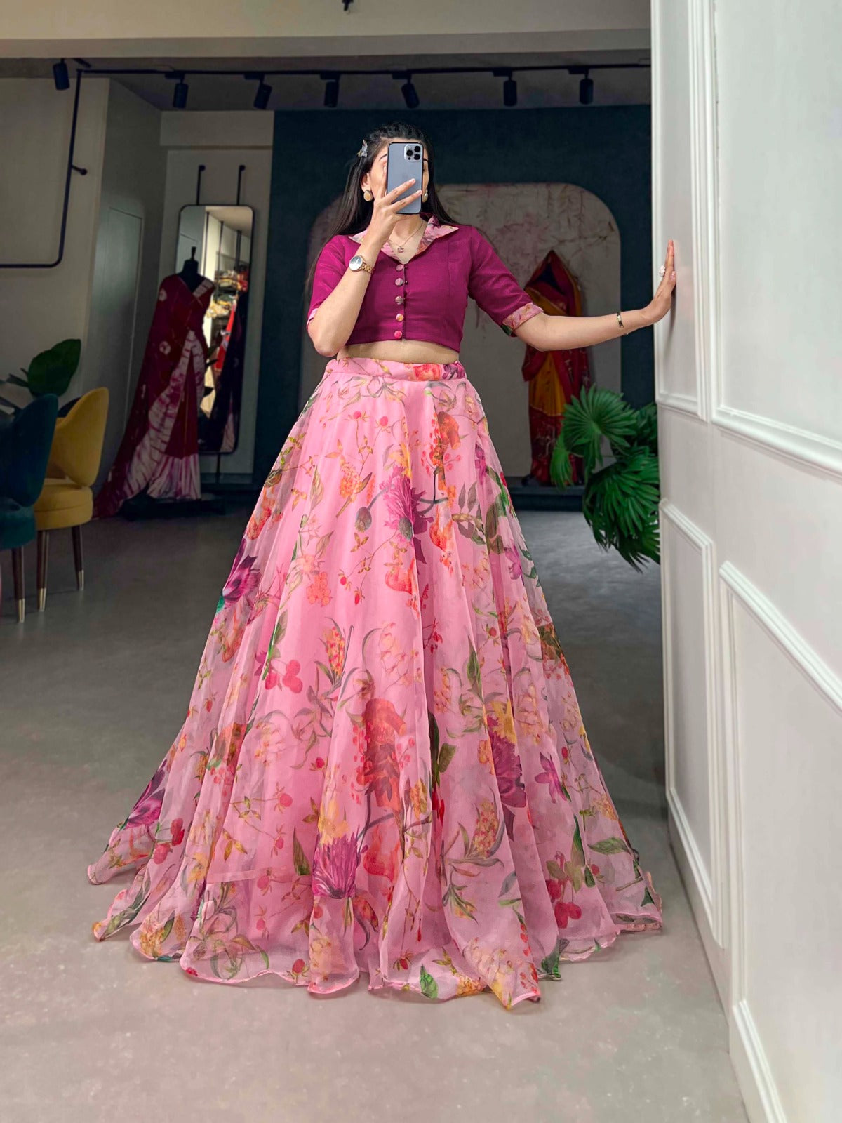 Organza and floral print lehenga