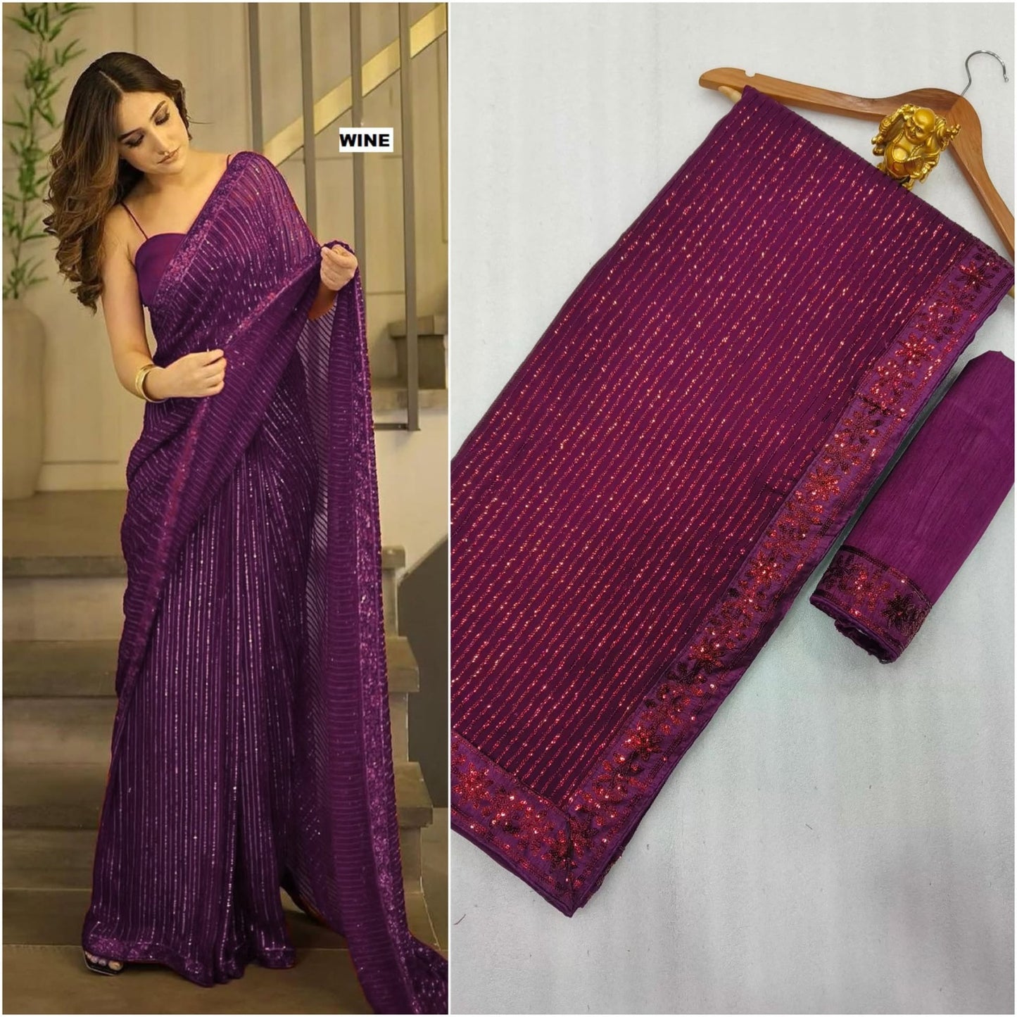 Sari en Georgette avec de la broderie à paillettes