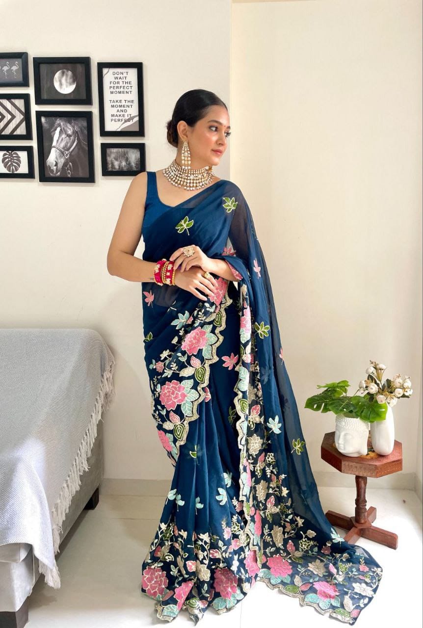 Sari en Georgette fleuri