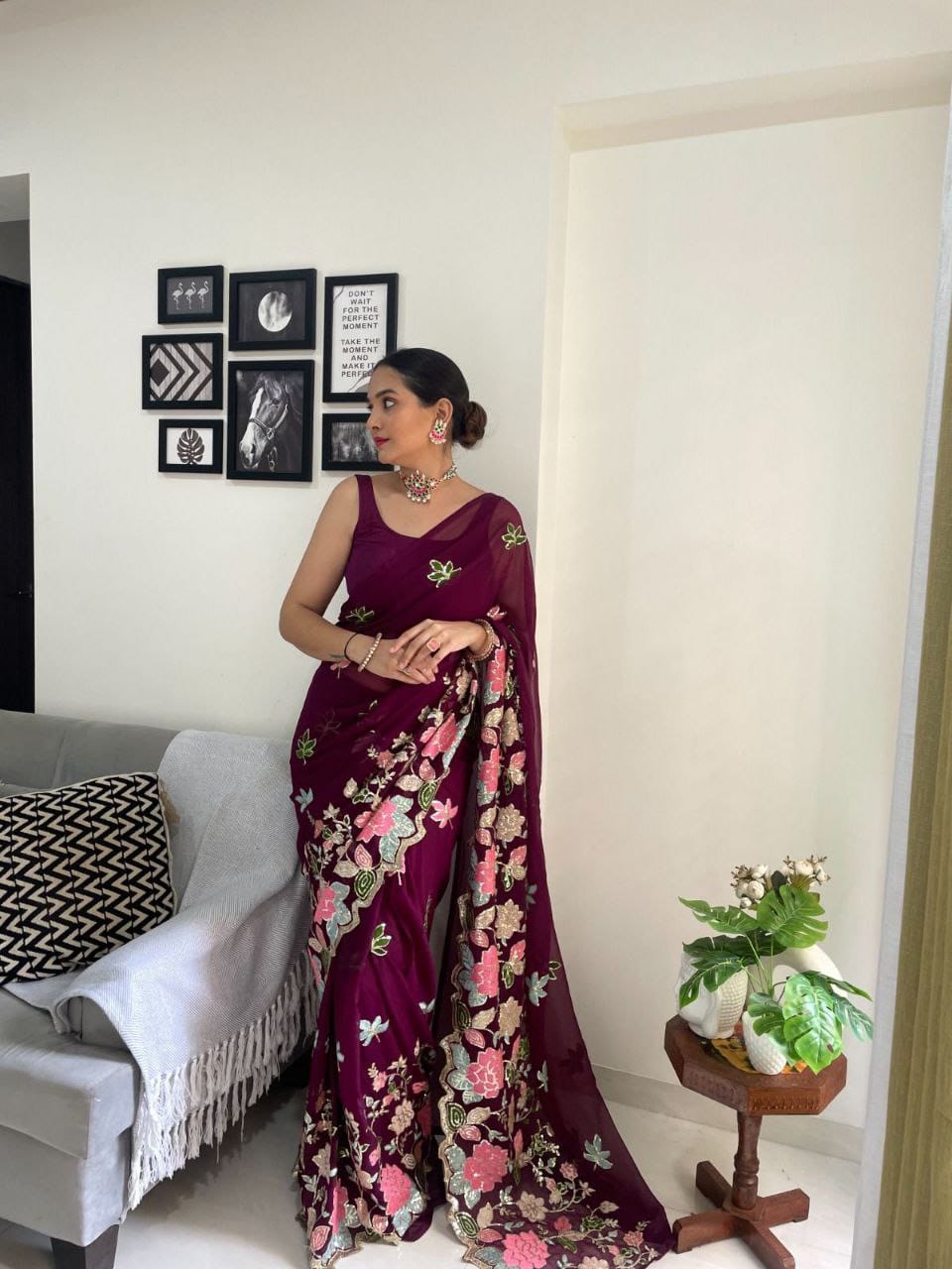 Sari en Georgette fleuri