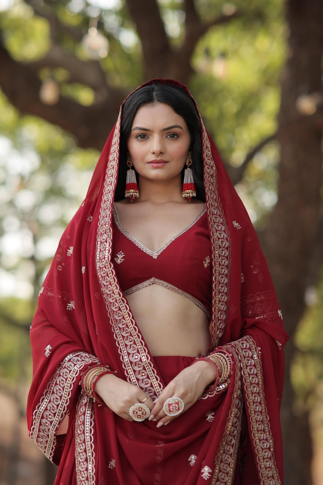 Lehenga tendance en Georgette bordeaux brodé