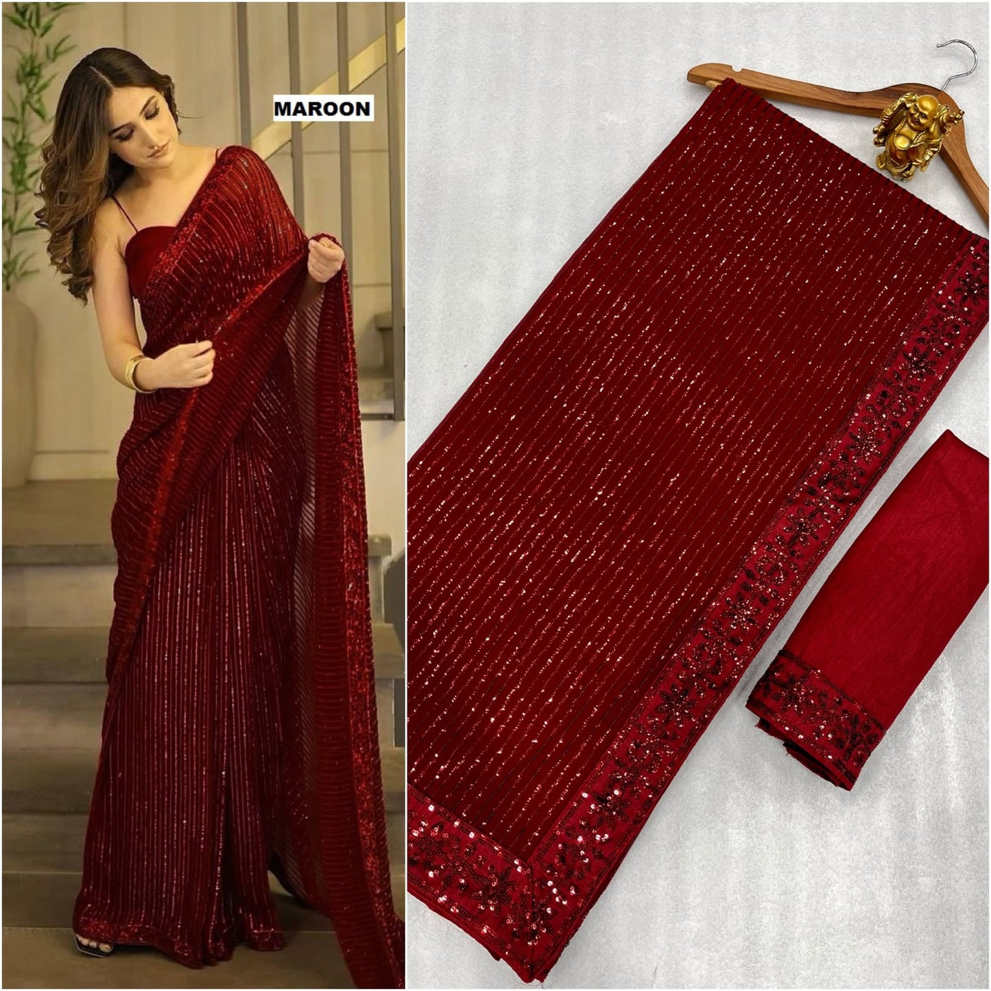 Sari en Georgette avec de la broderie à paillettes