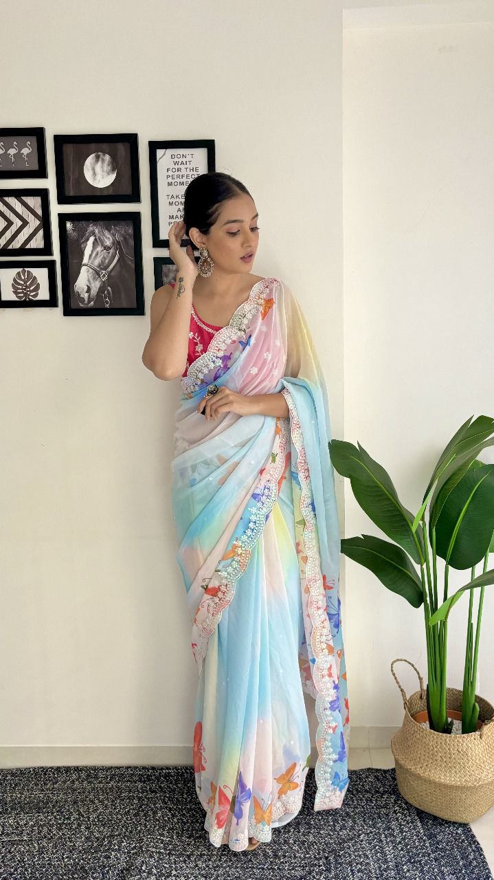Sari en Georgette avec imprimé