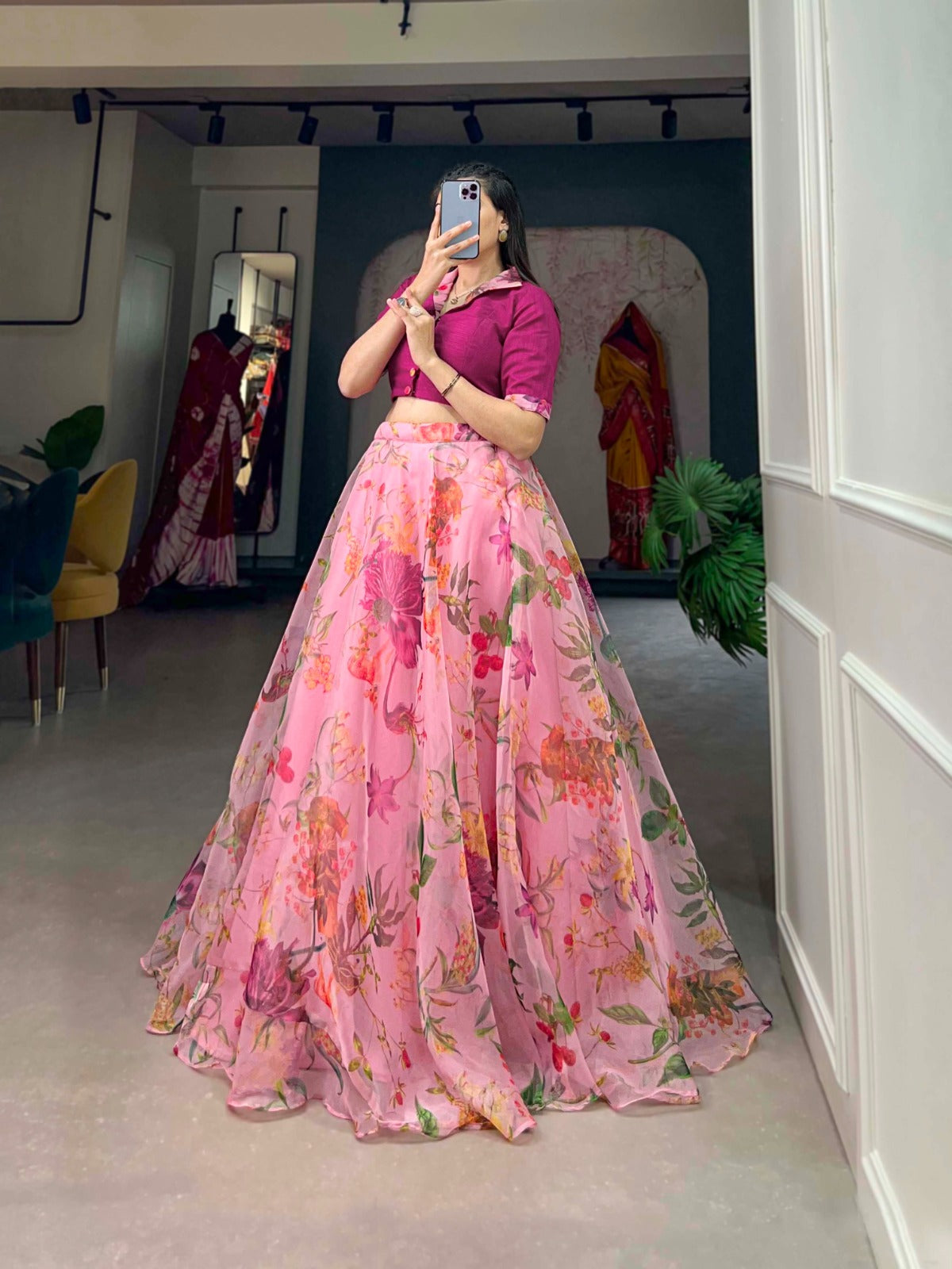 Organza and floral print lehenga