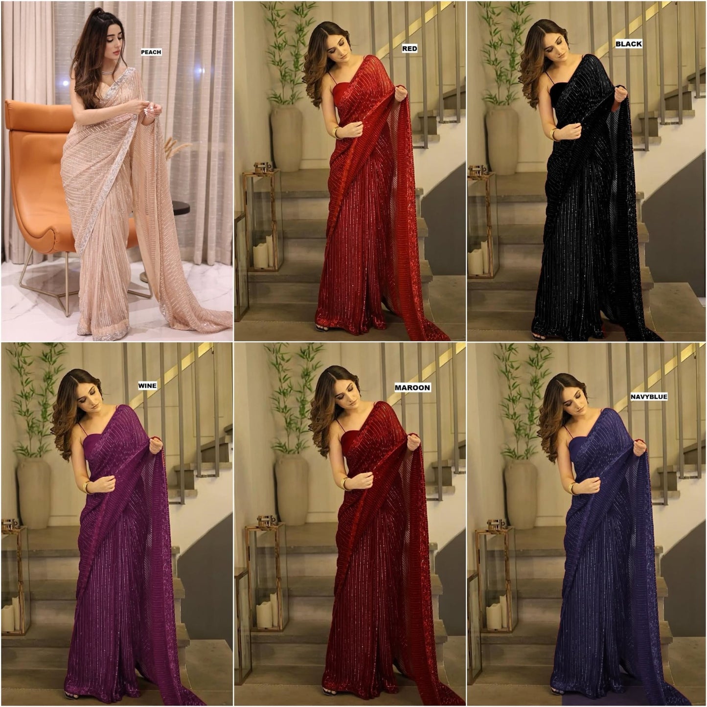 Sari en Georgette avec de la broderie à paillettes