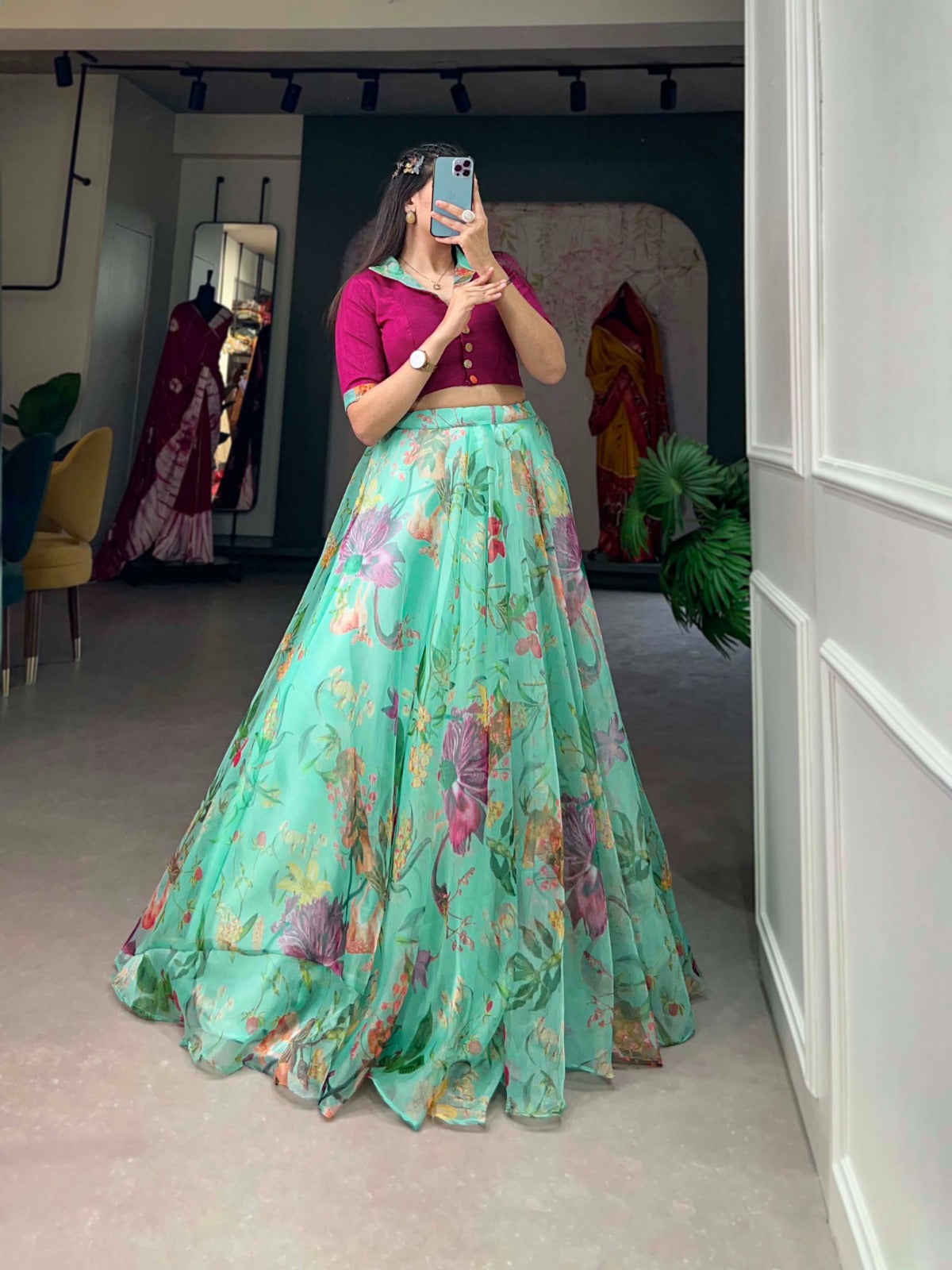 Organza and floral print lehenga