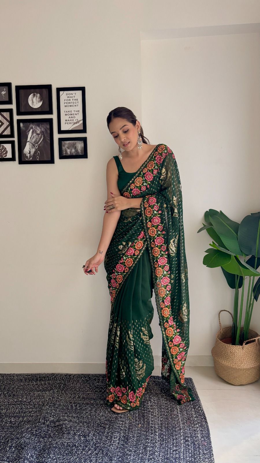 Sari en Georgette bord fleuri