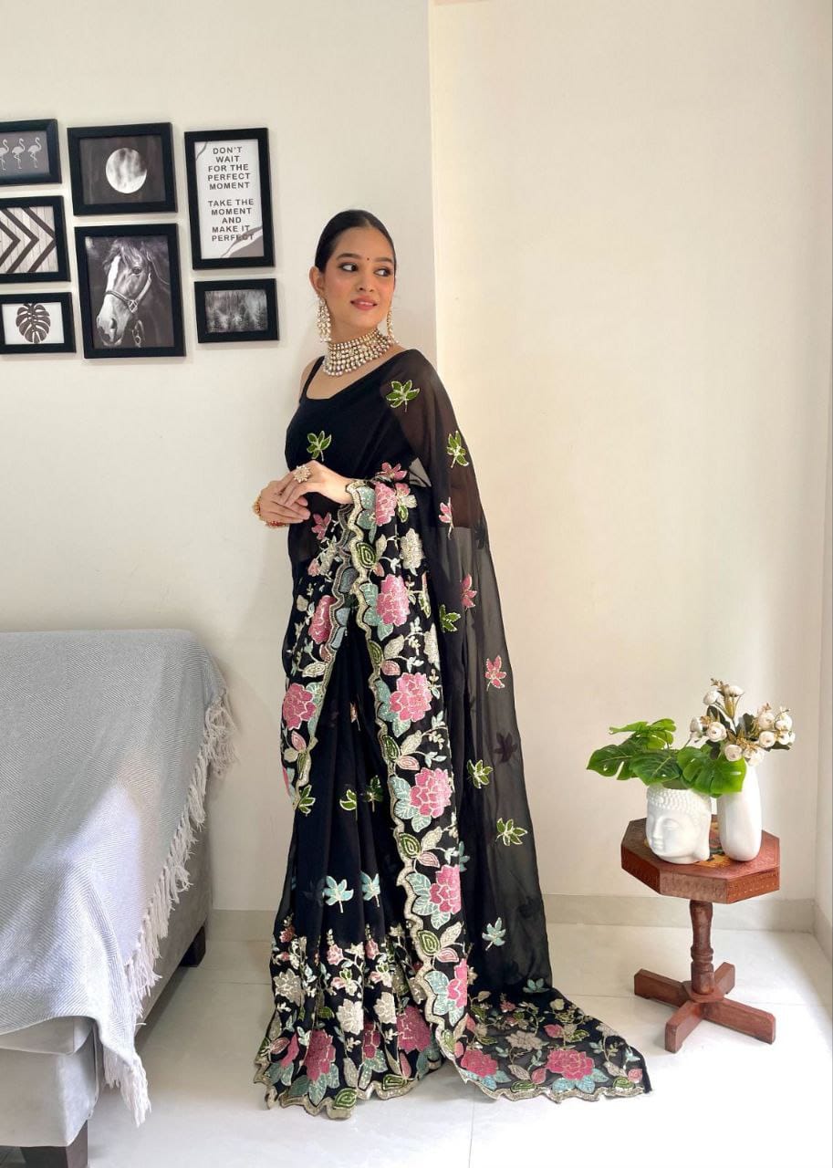 Sari en Georgette fleuri