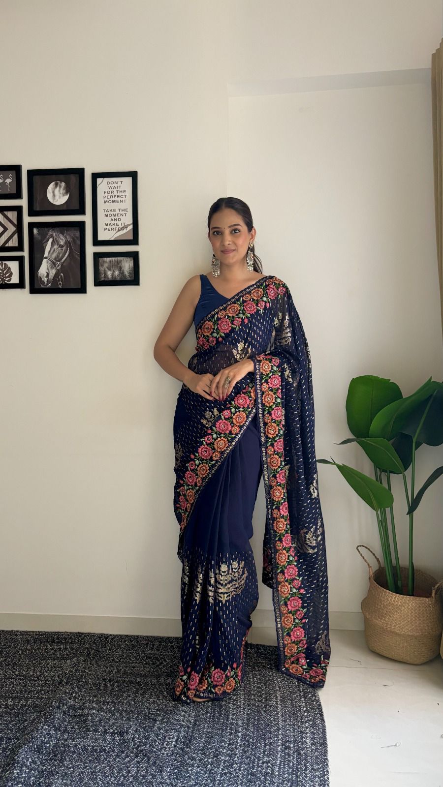 Sari en Georgette bord fleuri