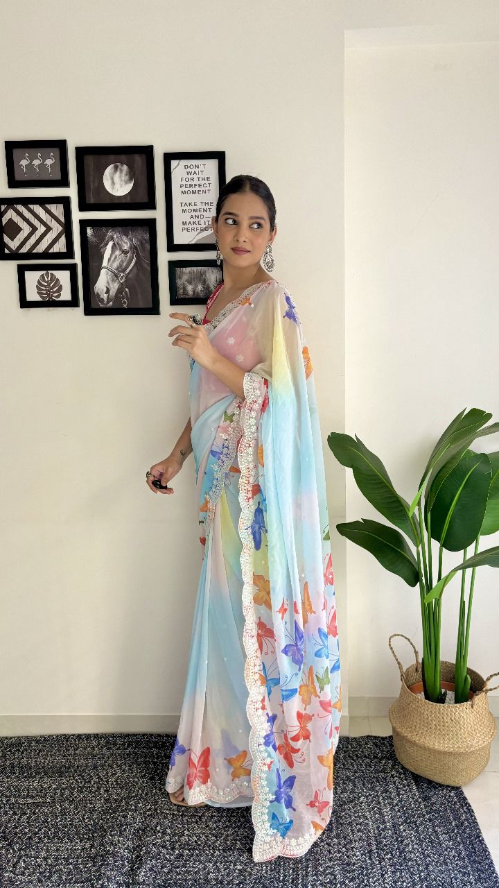 Sari en Georgette avec imprimé