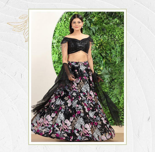 Lehenga évasé de 4 mètres à doubles sequins