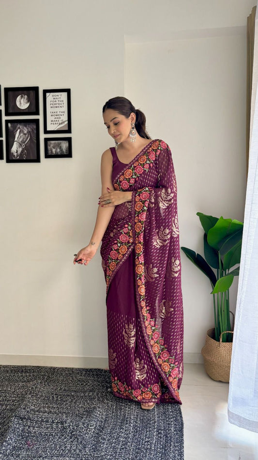 Sari en Georgette bord fleuri