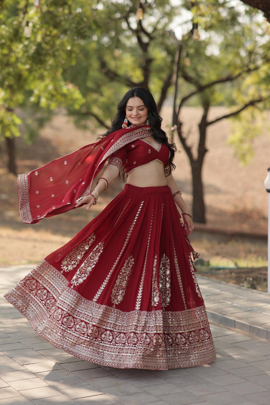 Lehenga tendance en Georgette bordeaux brodé