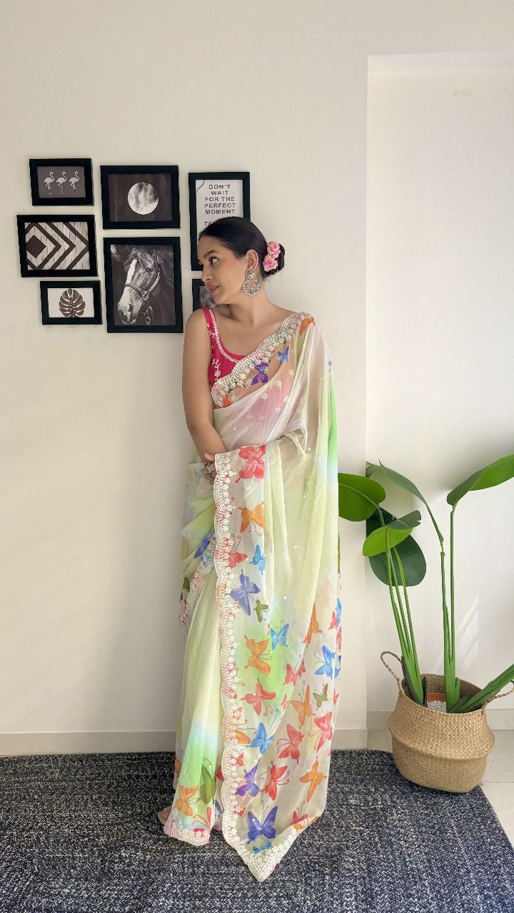 Sari en Georgette avec imprimé