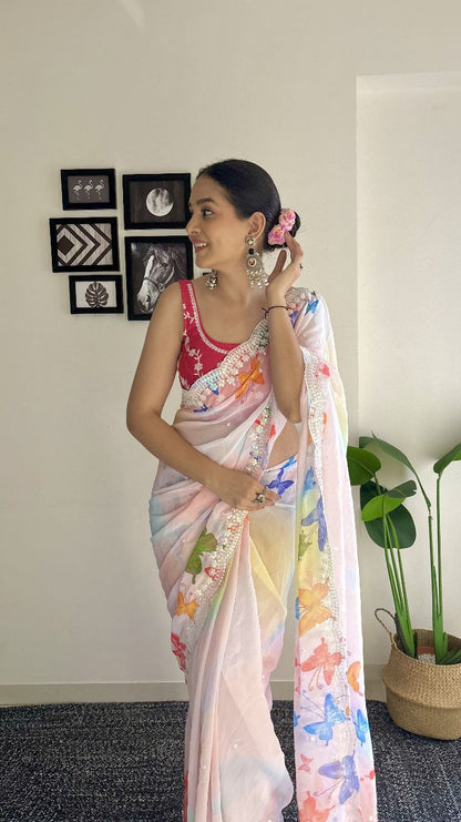 Sari en Georgette avec imprimé