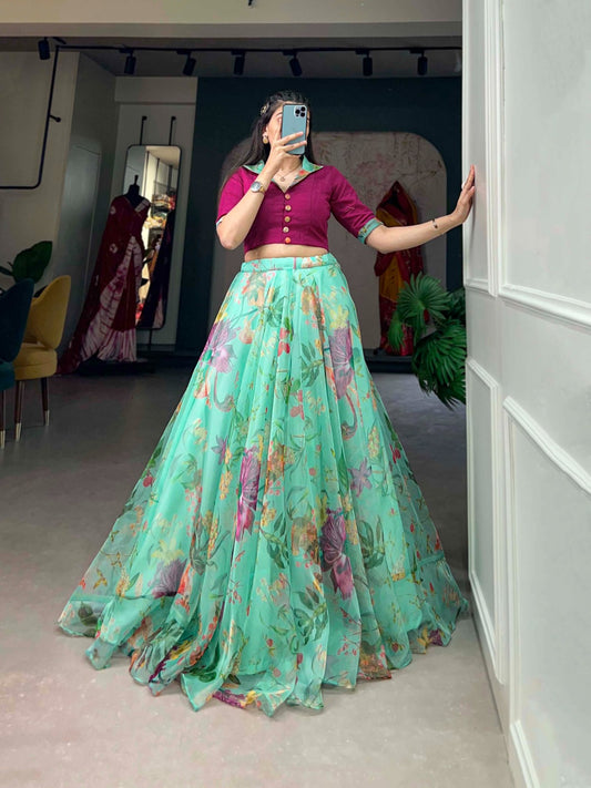 Organza and floral print lehenga