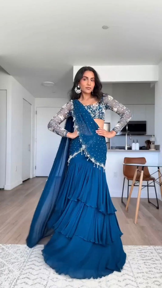 Sari Lehenga en Gorgette Foux