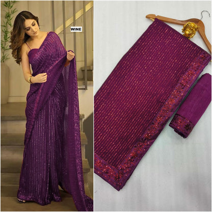 Sari en Georgette avec de la broderie à paillettes