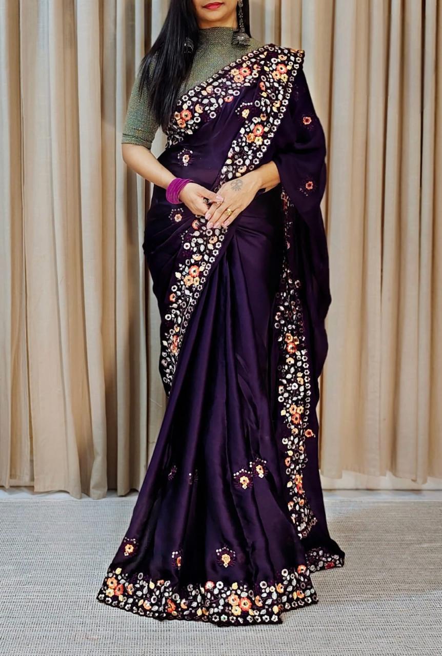 Sari en mousseline de soie satinée fleurie
