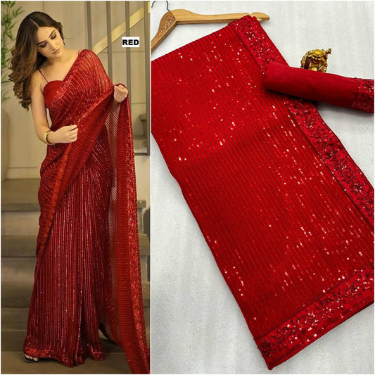 Sari en Georgette avec de la broderie à paillettes