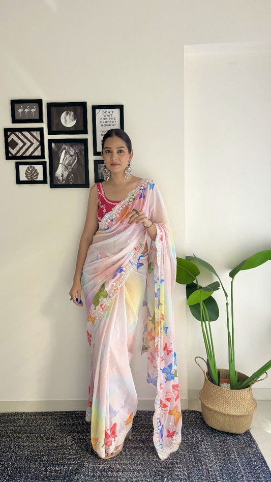 Sari en Georgette avec imprimé