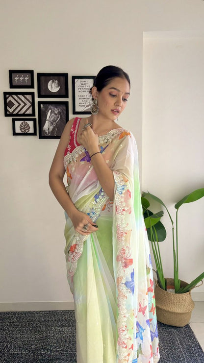 Sari en Georgette avec imprimé