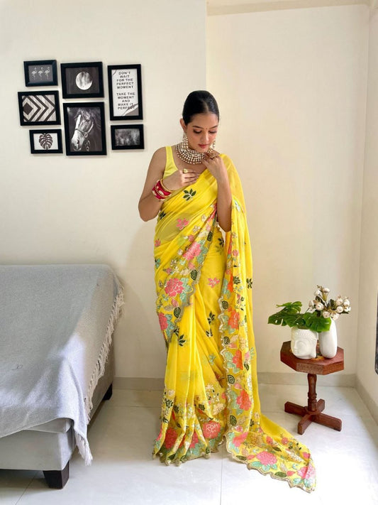 Sari en Georgette fleuri