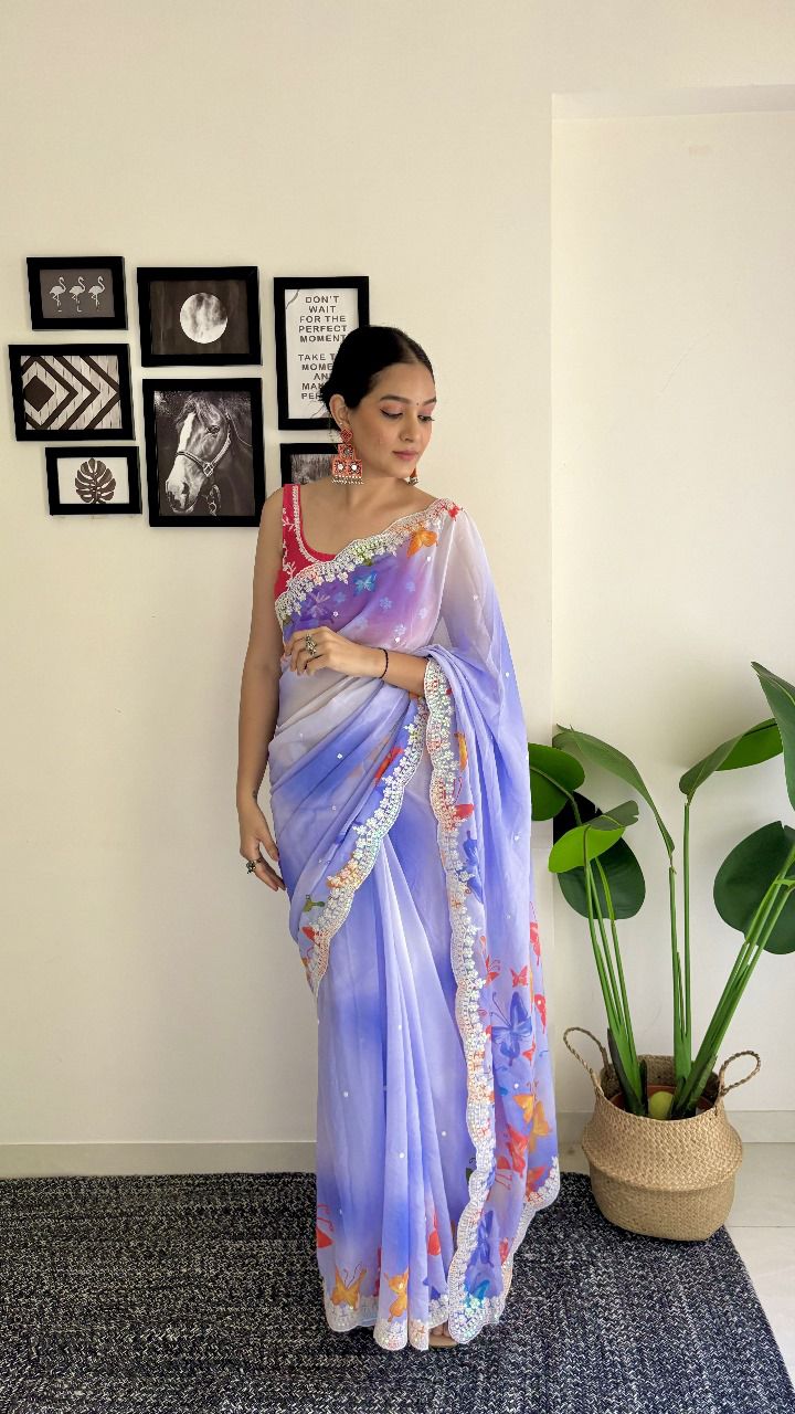 Sari en Georgette avec imprimé