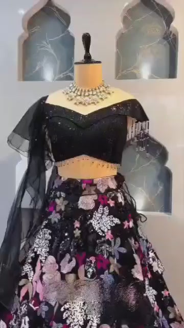 Lehenga évasé de 4 mètres à doubles sequins